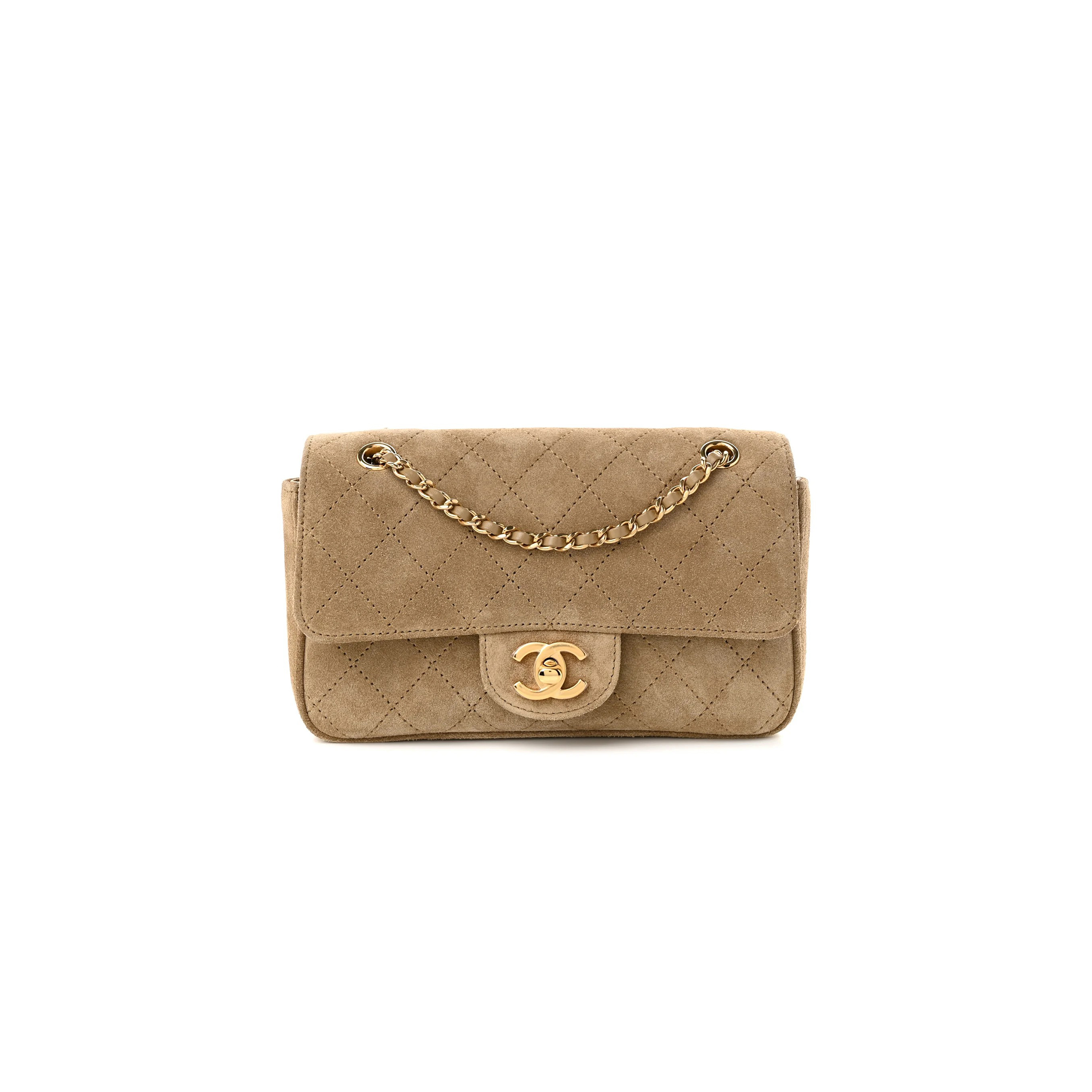 CHANEL SUEDE CALFSKIN MINI SOUPLISSIMO FLAP DARK BEIGE (20*13*6cm)